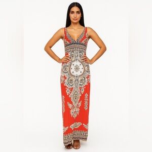 Metropark Orange Print V-Neck Low Back Maxi Dress Size M Cinched Waist Boho